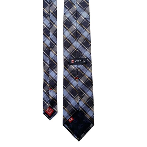 Mens Chaps Tie Blue Yellow Plaid Checkered Silk Necktie 3.25" Wide 57" Long - Picture 3 of 4